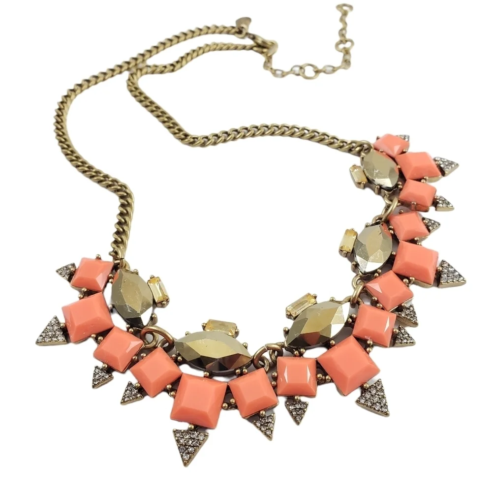 J. Crew art deco statement necklace coral orange stones + rhinestones A0301